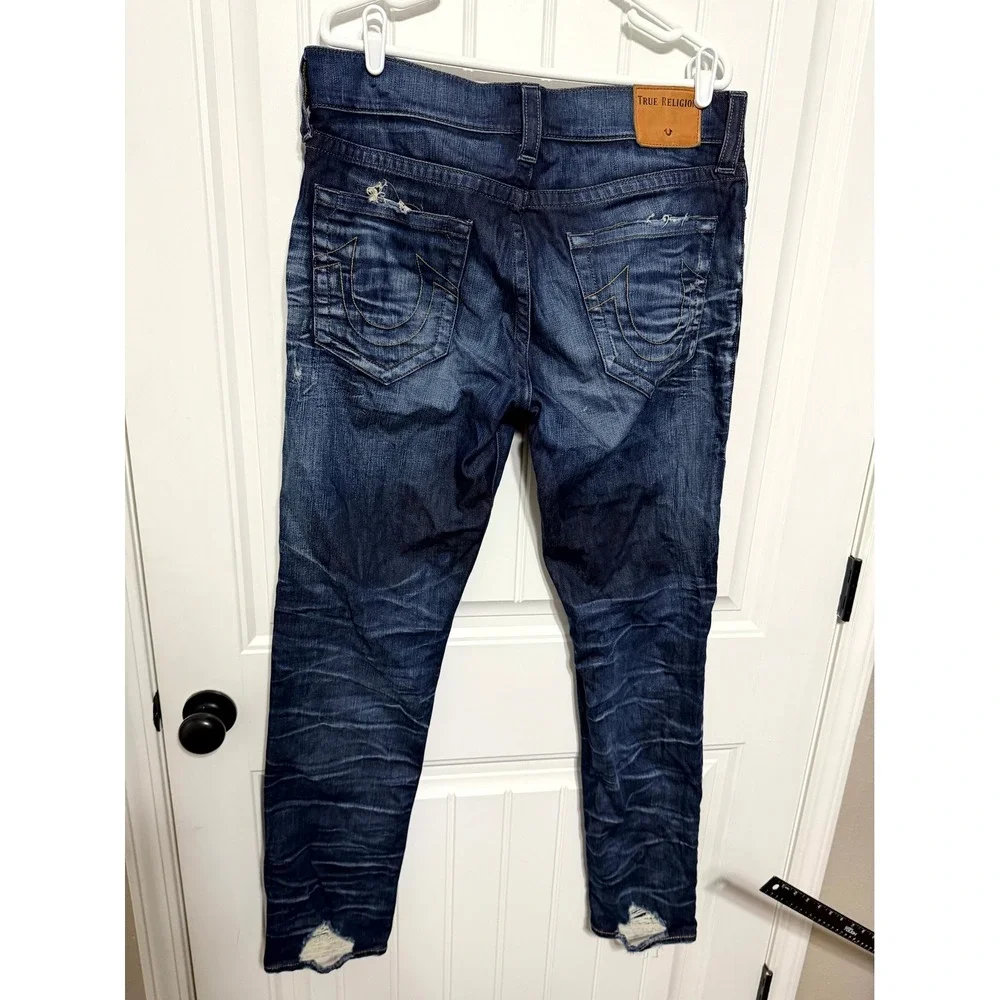True Religion Jeans Mens 34 Ricky Relaxed Straight Distressed Dark Wash EUC